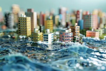 A city is shown in a wave of water, with buildings and streets submerged