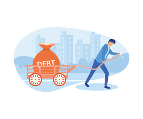 Businessman sweating and pulling a cart with text Debt on it. Creative on financial obligation as heavy burden concept. flat vector modern illustration