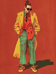 An eccentrically dressed man in colorful attire and sunglasses poses confidently, exuding style and personality.
