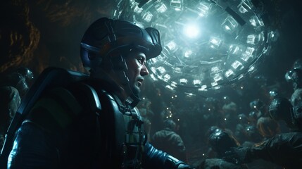 Intense space miners face a monstrous alien creature in a dark and eerie setting