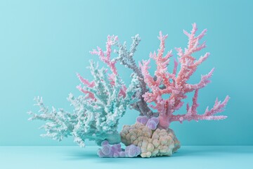 A white coral with a pink flower on it is on a rock in the ocean in the concept of bleached coral - obrazy, fototapety, plakaty
