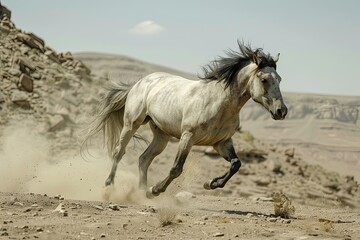 Wild Grey Horse Galloping in Desert Spectacle