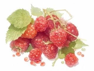Plump raspberries with fine hairs and droplets of water, deep reds vivid and enticing, isolated on white background, watercolor