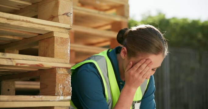 Stress, engineer and person at construction site with depression, frustrated and thinking of serious mistake outdoor. Woman, architect and worker with fatigue, tired and burnout for building crisis