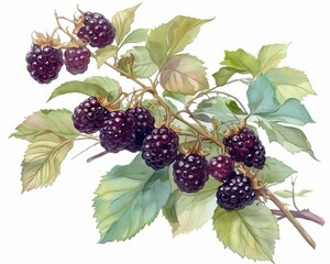 Ripe blackberries brimming on the bush, glossy dark fruits against lush leaves, detailed and inviting, isolated on white background, watercolor