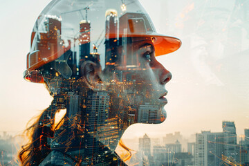 Double-exposure image of a female civil engineer, architect,  or construction worker, and a construction site