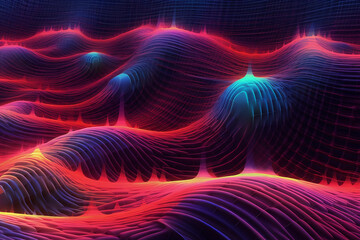A colorful 3D digital art of undulating waves in blue and red hues