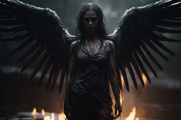 A dark, atmospheric portrayal of a person with angelic wings amid rain and dim firelight