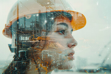 Double-exposure image of a female civil engineer, architect,  or construction worker, and a construction site - 798688998