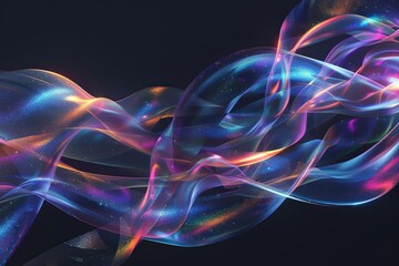 Holographic Ribbon Swirls: Vibrant Fluid Waves on Dark Background