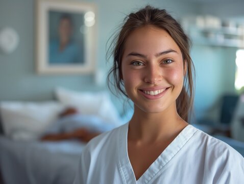 A Nurse Female Wearing Nurse Uniform, Standing In Front Of A Patient's Room, Smiling, Smiling And Looking Into Camera