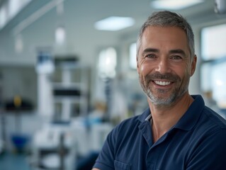 Fototapeta premium An Occupational Therapist male wearing occupational therapist uniform, standing in front of therapy equipment, smiling and looking into camera
