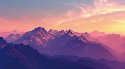 Majestic mountain range at sunset, casting vibrant hues across the horizon, ai generated