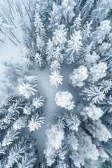 Winter Wonderland Aerial View - forrest covered in snow