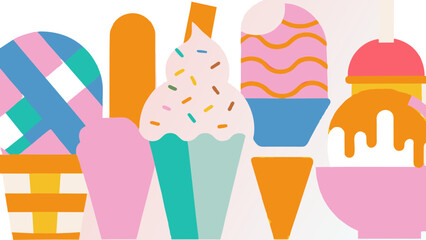 Colorful Assortment of Delicious Ice Cream Graphics. Colorful vector graphic of various ice cream desserts. Sweet treats and summer dessert concept. Design for menu, poster, food blog banner. Space fo
