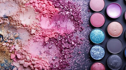 cosmetics glitter and makeup shadows. Selective focus. - obrazy, fototapety, plakaty