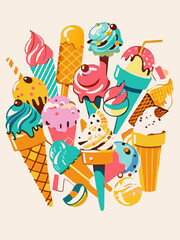 Colorful Assortment of Ice Cream Illustrations in Modern Flat Design. Colorful vector graphic of various ice cream desserts. Sweet treats and summer dessert concept. Design for menu, poster, food blog