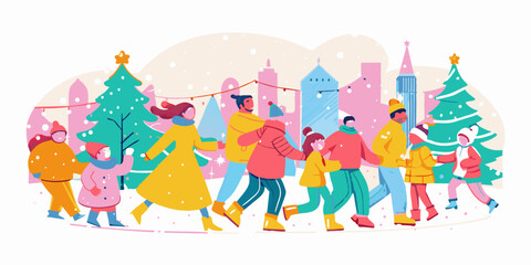 Obraz premium Festive Winter Cityscape: Joyful People Enjoying Christmas Market. Holiday community spirit concept. Design for greeting card, invitation, banner. Panoramic composition with place for text