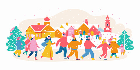 Vibrant Winter Village Scene with Joyful People and Snowfall. Vector art of outdoor Christmas celebration. Holiday community spirit concept. Design for greeting card, invitation, banner.