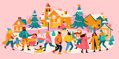 Winter holiday village scene with people enjoying outdoor activities. Digital illustration of community and family festive gathering. Christmas season and holiday concept. Design for greeting card