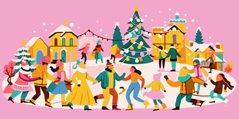 Vibrant Community Winter Celebration with Holiday Decorations. Vector illustration of  family festive gathering. Christmas season and holiday concept. Design for greeting card, poster,  invitation. 