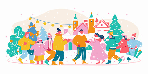 Winter holiday village scene with people enjoying outdoor activities. Vector illustration of community and family festive gathering. Christmas season and holiday. Design for greeting card, poster - obrazy, fototapety, plakaty