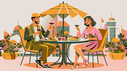Romantic Urban Rooftop Dinner for Two at Sunset.  Vector illustration of casual urban lunch. Dining in the city concept. Design for poster, banner, invitation. Place for text