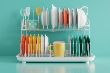 colorful dish rack with plates, forks, spoons, and cups
