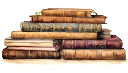 Stack of vintage books, rich leathers and faded titles, warm browns and tans detailed, forming an elegant border, isolated on white background, watercolor