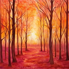 Sunset through a forest clearing, warm oranges and reds filtering through trees, vivid and warm border, isolated on white background, watercolor