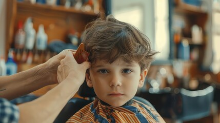 The barber combing through the child's hair, creating a sense of anticipation for the haircut.