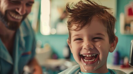 A candid moment captured as the child and the barber share a laugh during the haircut. 