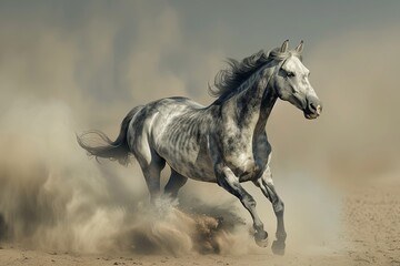 Defiant Grey Horse: Majestic Charge Through Desert Dust Clouds