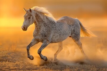 Fototapeta premium Golden Light Gallop: Majestic Grey Horse in the Desert Sunrise
