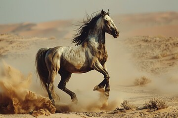 Dust Dance: Grey Horse Rearing in the Wild Desert Landscape