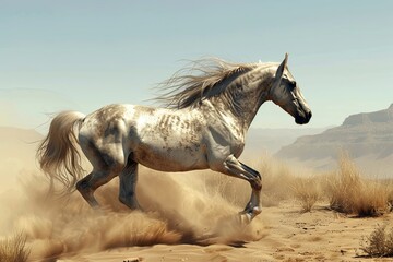 Silver Equine Majesty: Wild Horse Dust Dance in Desert Sun