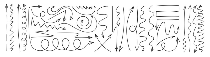 Set of long doodle arrows in sketch style. Arrows of various shapes and lengths are straight and rounded.