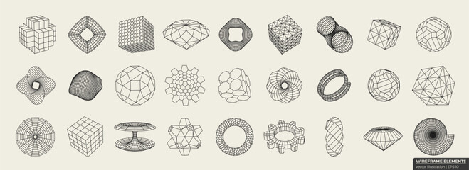 Set of different linear form. Elements consisting of a grid and dots. Collection of lowpoly 3D polygonal shapes.