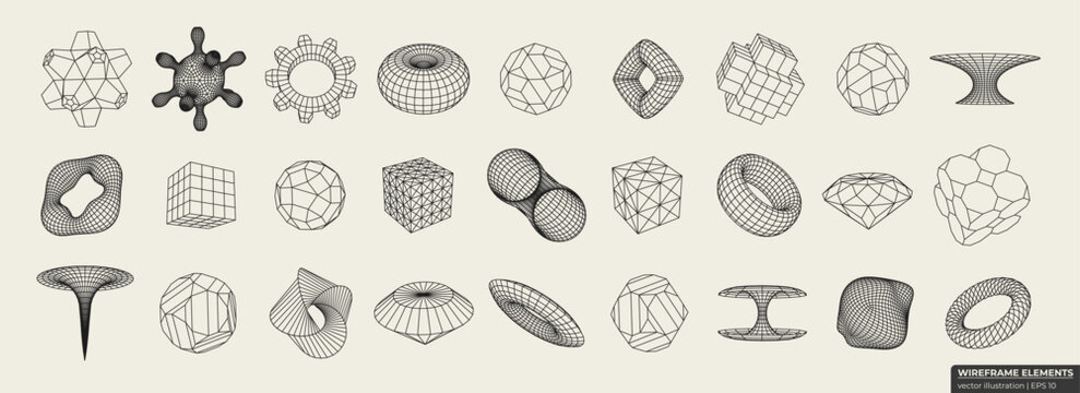 Set of different linear form. Elements consisting of a grid and dots. Collection of lowpoly 3D polygonal shapes.