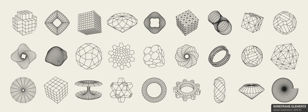 Set of different linear form. Elements consisting of a grid and dots. Collection of lowpoly 3D polygonal shapes.