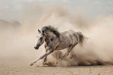 Obraz premium Gray Horse Thundering: Desert Charge of Pure Freedom