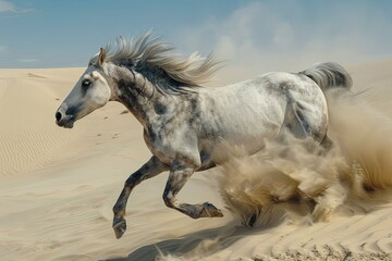 Obraz premium Grey Horse Leaping in Desert Sands: Wild Beauty and Unchained Freedom