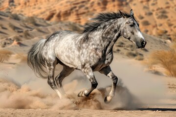 Obraz na płótnie Canvas Thundering Grey Horse: The Desert Fury Unleashed