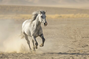 Thundering Hooves: A Grey Horse Galloping in the Vast Desert Freedom
