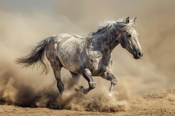 Obraz na płótnie Canvas Wild Grey Horse: The Desert's Dance of Freedom and Majesty