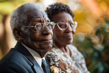 A black senior couple getting married, retiary wedding day - obrazy, fototapety, plakaty