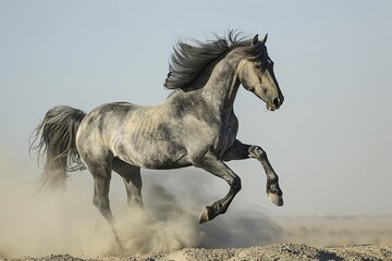 Desert Spirit: Grey Horse Rearing in Dust, Symbolizing Freedom and Power