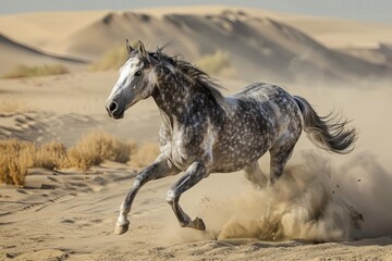 Obraz na płótnie Canvas Galloping Grey: Spirit of the Wild in the Desert Dust
