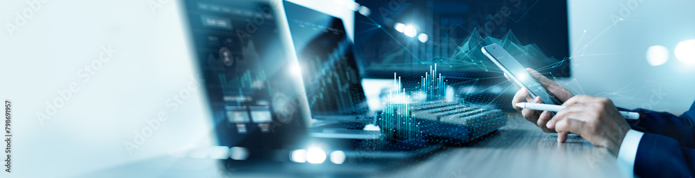 Aufkleber businessman working and analysis business data growth graph and progress of plan and strategy financ