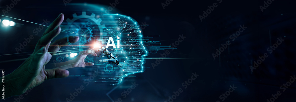 Leinwandbilder Human interaction with Ai, Evolution of Machine learning, Advanced automated decision-making, NLP, Natural language processing, Security, Robotics and automation, Ai ethics and responsibility.